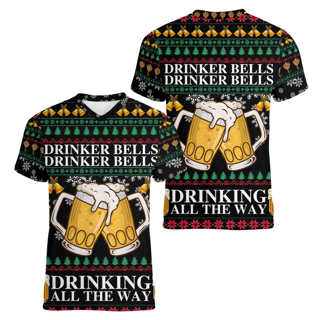 Drinker Bell Christmas Women V-Neck T-Shirt Funny Xmas Holiday Patterns - Wonder Print Shop