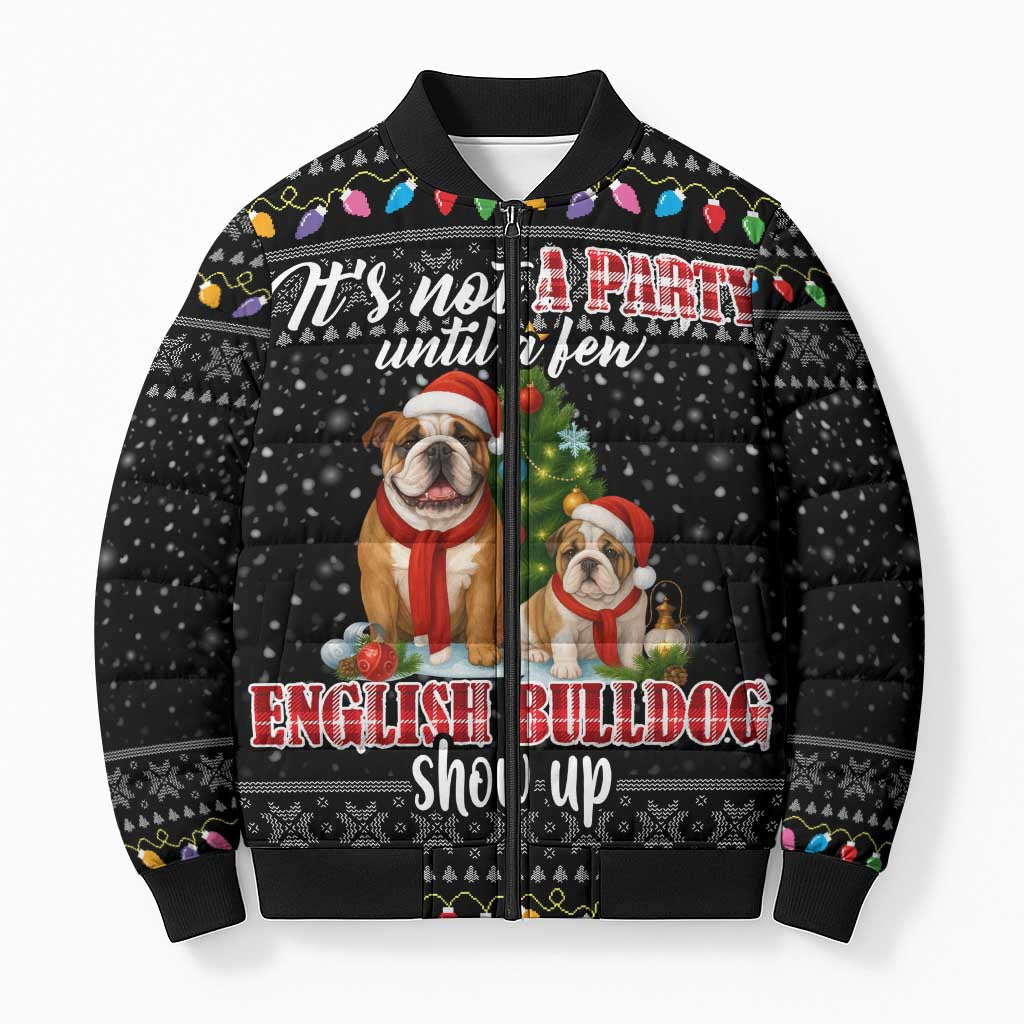 English Bulldog Show Up Christmas Bomber Puffer Jacket Funny Xmas Holiday Patterns - Wonder Print Shop
