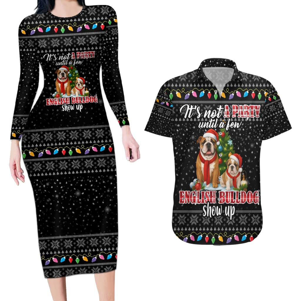 English Bulldog Show Up Christmas Couples Matching Long Sleeve Bodycon Dress and Hawaiian Shirt Funny Xmas Holiday Patterns - Wonder Print Shop