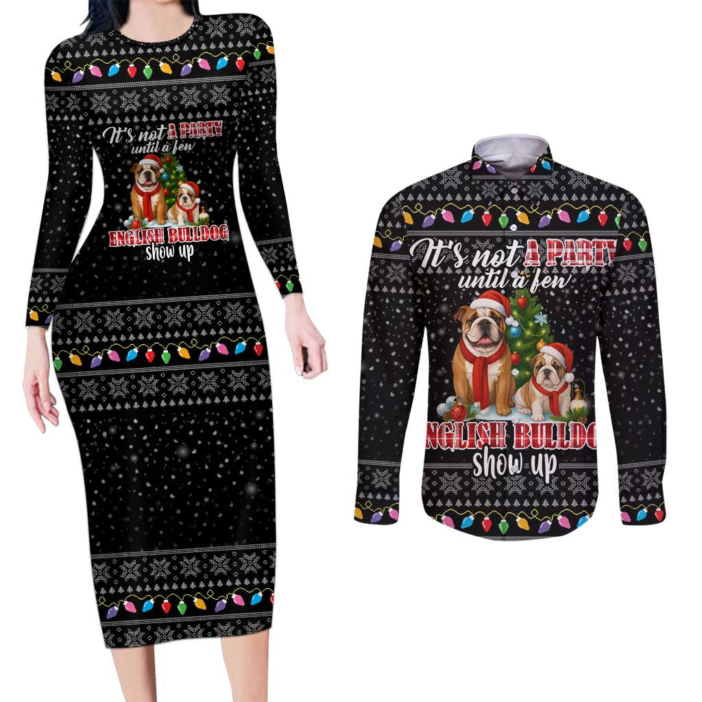 English Bulldog Show Up Christmas Couples Matching Long Sleeve Bodycon Dress and Long Sleeve Button Shirt Funny Xmas Holiday Patterns - Wonder Print Shop