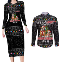 English Bulldog Show Up Christmas Couples Matching Long Sleeve Bodycon Dress and Long Sleeve Button Shirt Funny Xmas Holiday Patterns - Wonder Print Shop