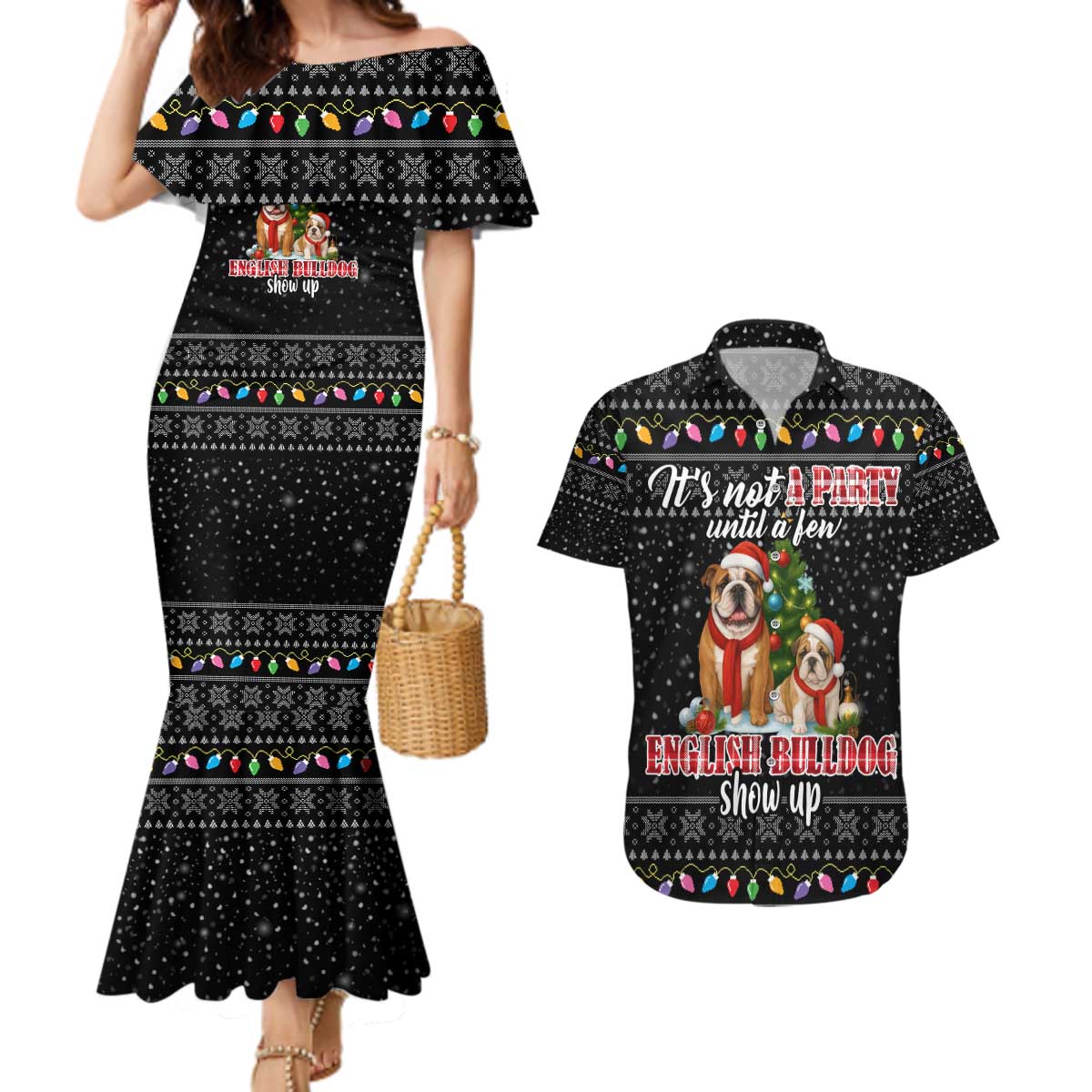 English Bulldog Show Up Christmas Couples Matching Mermaid Dress and Hawaiian Shirt Funny Xmas Holiday Patterns - Wonder Print Shop