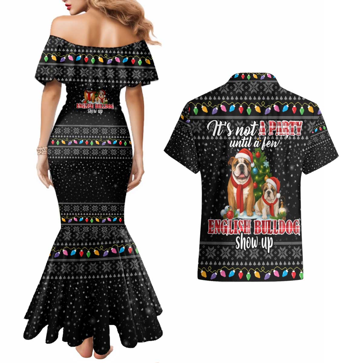 English Bulldog Show Up Christmas Couples Matching Mermaid Dress and Hawaiian Shirt Funny Xmas Holiday Patterns - Wonder Print Shop