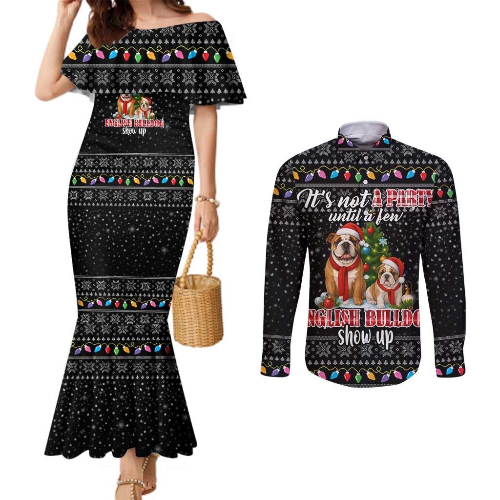 English Bulldog Show Up Christmas Couples Matching Mermaid Dress and Long Sleeve Button Shirt Funny Xmas Holiday Patterns - Wonder Print Shop