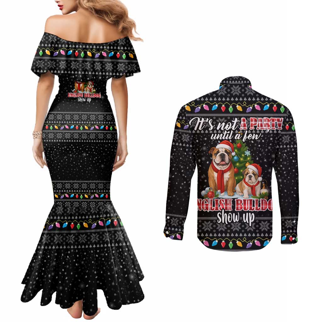 English Bulldog Show Up Christmas Couples Matching Mermaid Dress and Long Sleeve Button Shirt Funny Xmas Holiday Patterns - Wonder Print Shop