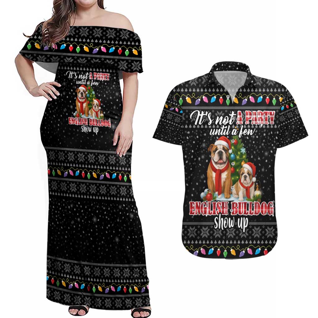 English Bulldog Show Up Christmas Couples Matching Off Shoulder Maxi Dress and Hawaiian Shirt Funny Xmas Holiday Patterns - Wonder Print Shop