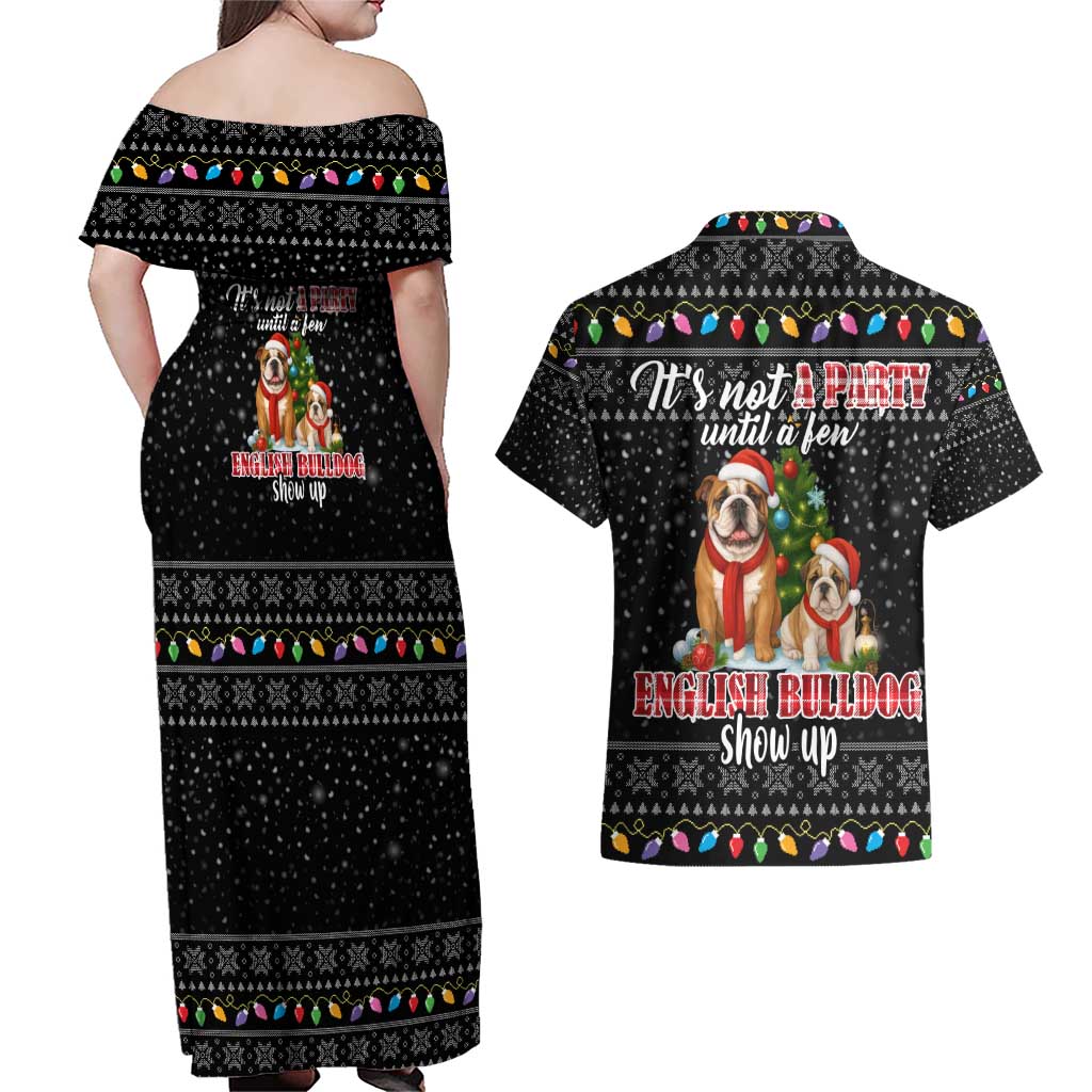 English Bulldog Show Up Christmas Couples Matching Off Shoulder Maxi Dress and Hawaiian Shirt Funny Xmas Holiday Patterns - Wonder Print Shop