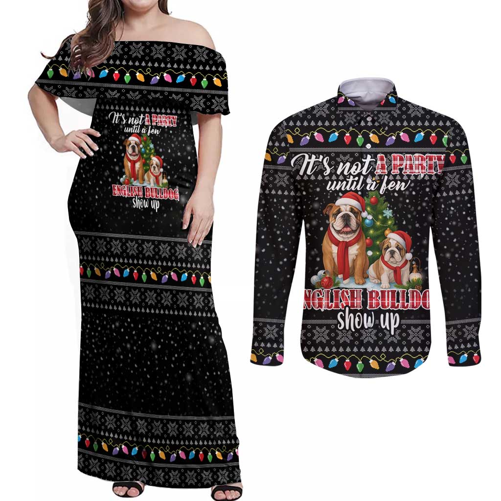 English Bulldog Show Up Christmas Couples Matching Off Shoulder Maxi Dress and Long Sleeve Button Shirt Funny Xmas Holiday Patterns - Wonder Print Shop