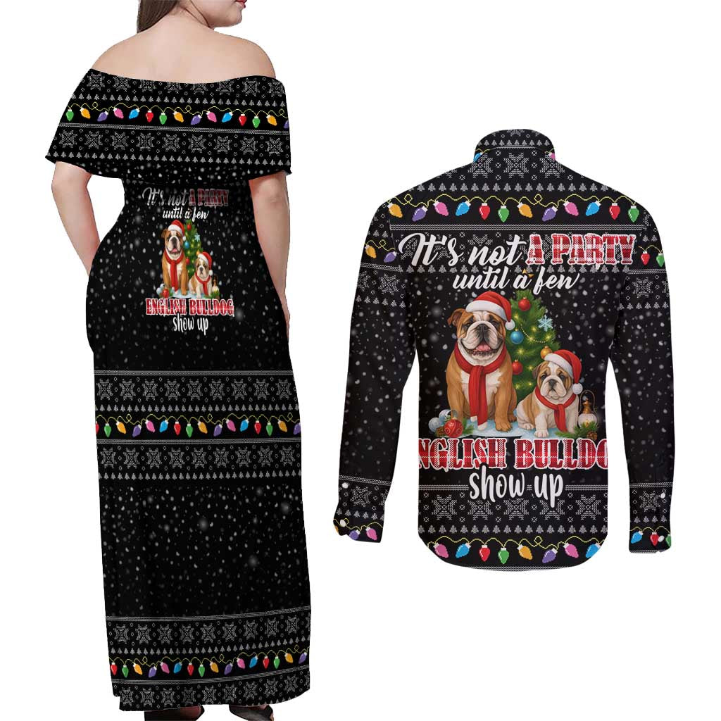 English Bulldog Show Up Christmas Couples Matching Off Shoulder Maxi Dress and Long Sleeve Button Shirt Funny Xmas Holiday Patterns - Wonder Print Shop