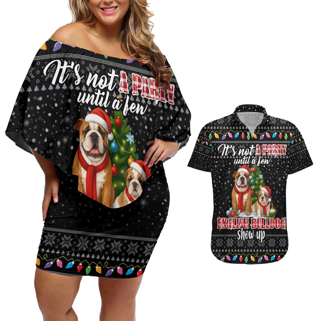 English Bulldog Show Up Christmas Couples Matching Off Shoulder Short Dress and Hawaiian Shirt Funny Xmas Holiday Patterns - Wonder Print Shop