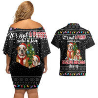 English Bulldog Show Up Christmas Couples Matching Off Shoulder Short Dress and Hawaiian Shirt Funny Xmas Holiday Patterns - Wonder Print Shop