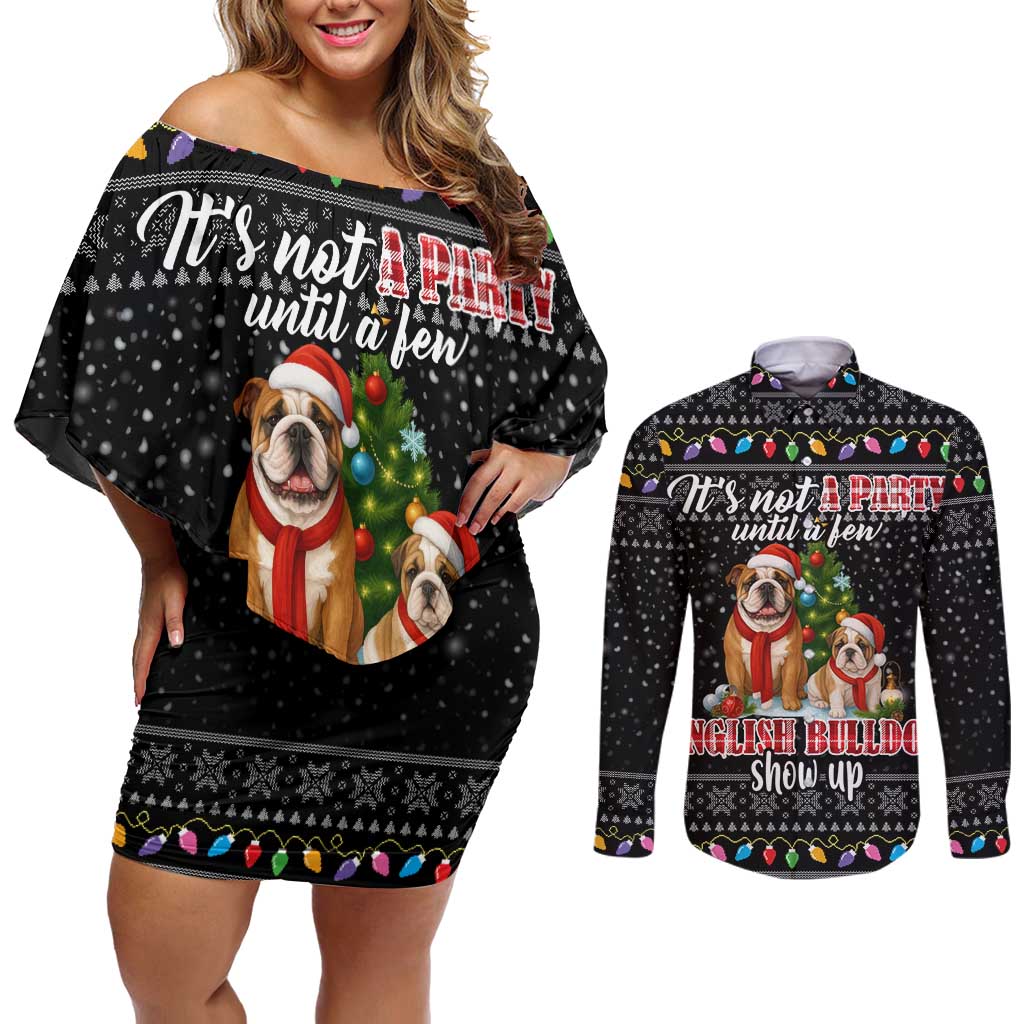 English Bulldog Show Up Christmas Couples Matching Off Shoulder Short Dress and Long Sleeve Button Shirt Funny Xmas Holiday Patterns - Wonder Print Shop