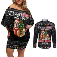 English Bulldog Show Up Christmas Couples Matching Off Shoulder Short Dress and Long Sleeve Button Shirt Funny Xmas Holiday Patterns - Wonder Print Shop