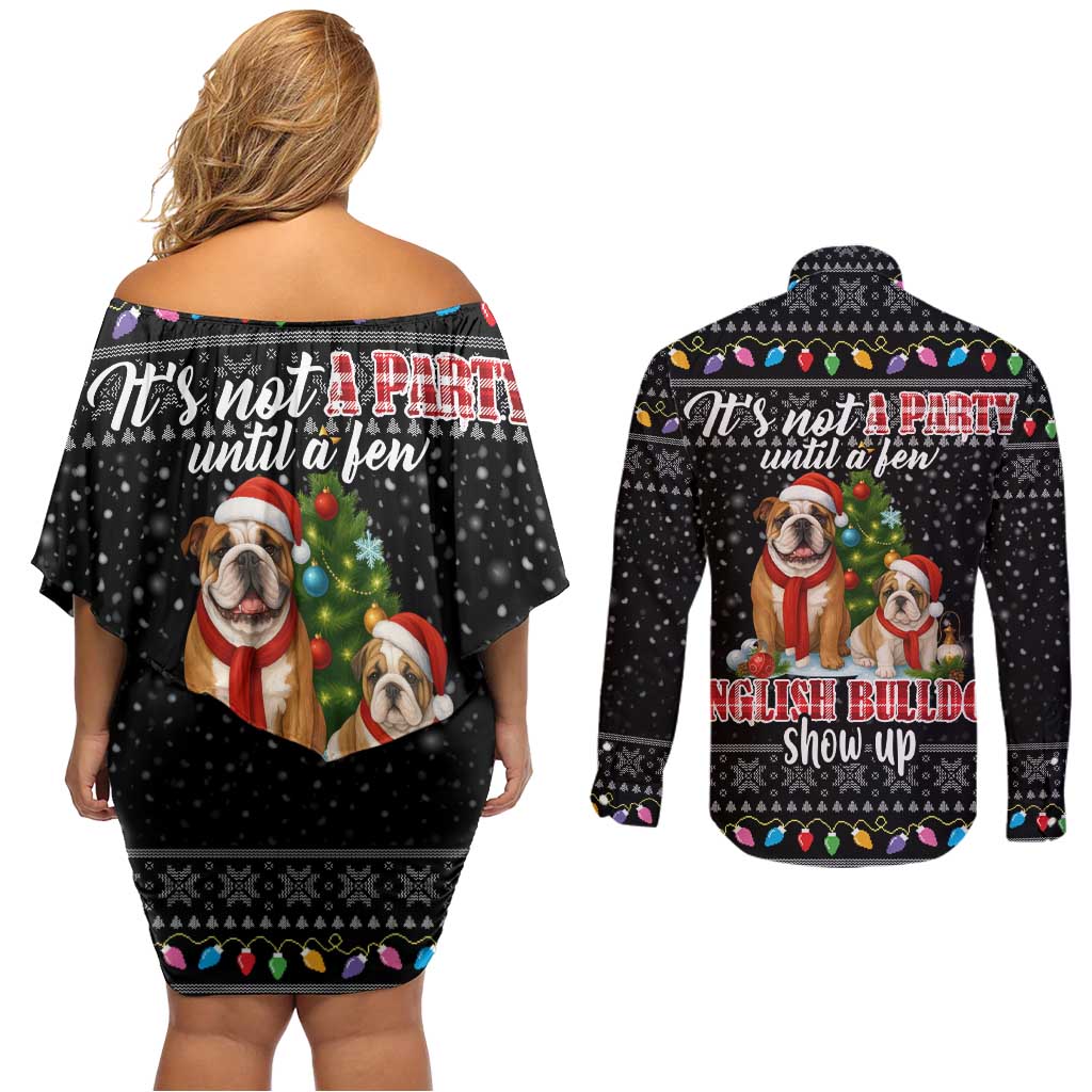 English Bulldog Show Up Christmas Couples Matching Off Shoulder Short Dress and Long Sleeve Button Shirt Funny Xmas Holiday Patterns - Wonder Print Shop
