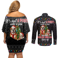 English Bulldog Show Up Christmas Couples Matching Off Shoulder Short Dress and Long Sleeve Button Shirt Funny Xmas Holiday Patterns - Wonder Print Shop
