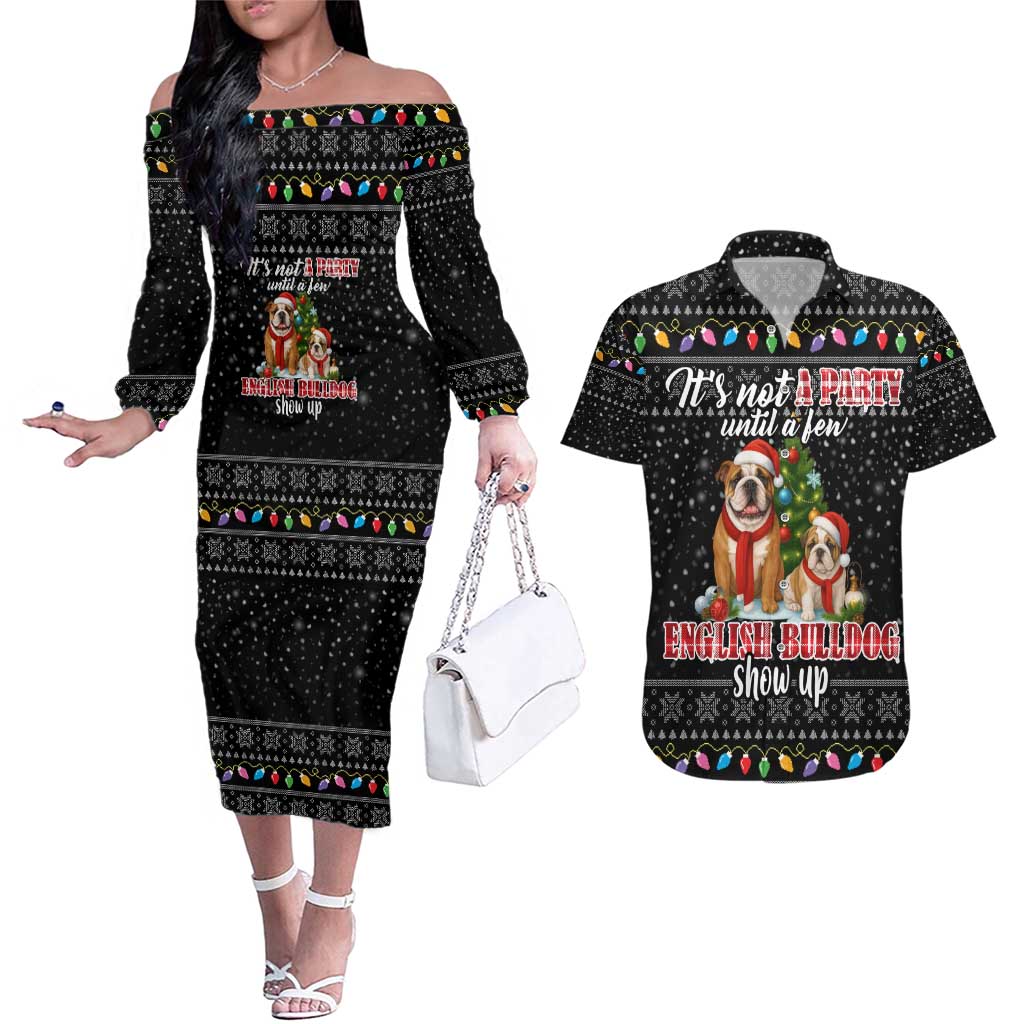 English Bulldog Show Up Christmas Couples Matching Off The Shoulder Long Sleeve Dress and Hawaiian Shirt Funny Xmas Holiday Patterns - Wonder Print Shop