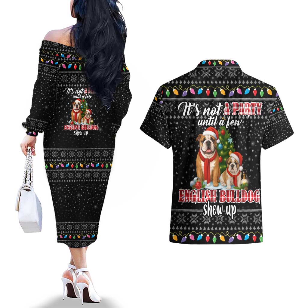 English Bulldog Show Up Christmas Couples Matching Off The Shoulder Long Sleeve Dress and Hawaiian Shirt Funny Xmas Holiday Patterns - Wonder Print Shop