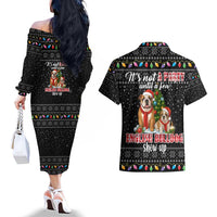 English Bulldog Show Up Christmas Couples Matching Off The Shoulder Long Sleeve Dress and Hawaiian Shirt Funny Xmas Holiday Patterns - Wonder Print Shop
