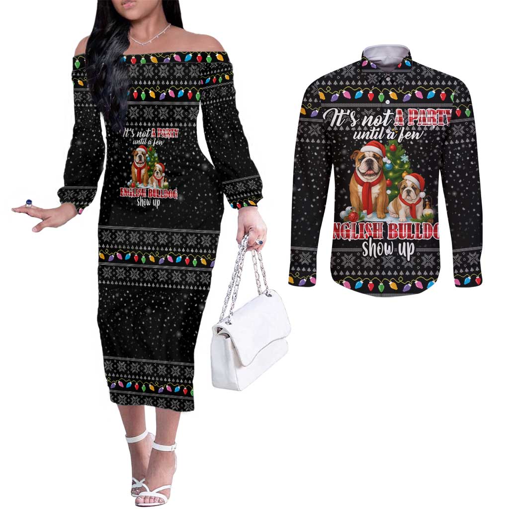 English Bulldog Show Up Christmas Couples Matching Off The Shoulder Long Sleeve Dress and Long Sleeve Button Shirt Funny Xmas Holiday Patterns - Wonder Print Shop