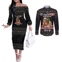 English Bulldog Show Up Christmas Couples Matching Off The Shoulder Long Sleeve Dress and Long Sleeve Button Shirt Funny Xmas Holiday Patterns - Wonder Print Shop