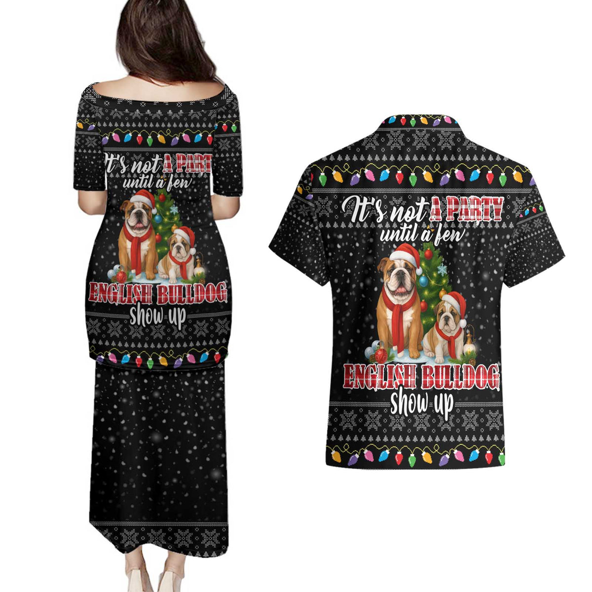 English Bulldog Show Up Christmas Couples Matching Puletasi and Hawaiian Shirt Funny Xmas Holiday Patterns - Wonder Print Shop