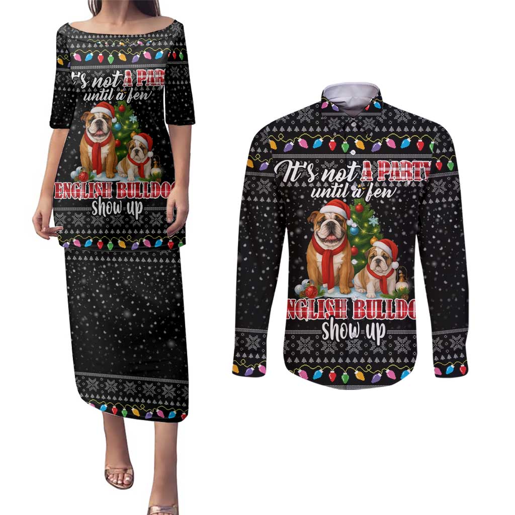 English Bulldog Show Up Christmas Couples Matching Puletasi and Long Sleeve Button Shirt Funny Xmas Holiday Patterns - Wonder Print Shop