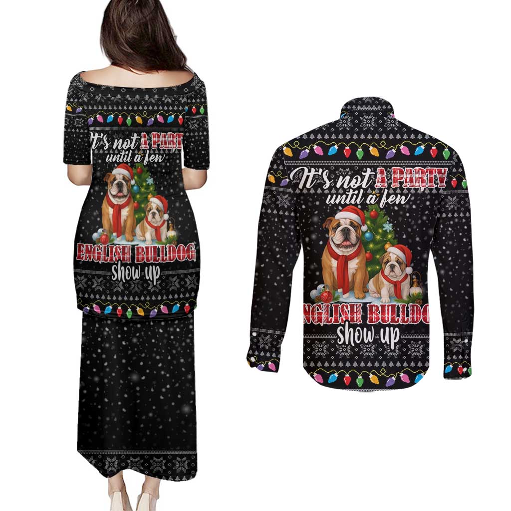 English Bulldog Show Up Christmas Couples Matching Puletasi and Long Sleeve Button Shirt Funny Xmas Holiday Patterns - Wonder Print Shop