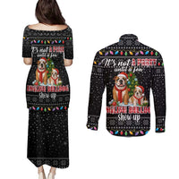 English Bulldog Show Up Christmas Couples Matching Puletasi and Long Sleeve Button Shirt Funny Xmas Holiday Patterns - Wonder Print Shop