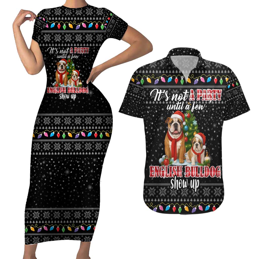 English Bulldog Show Up Christmas Couples Matching Short Sleeve Bodycon Dress and Hawaiian Shirt Funny Xmas Holiday Patterns - Wonder Print Shop