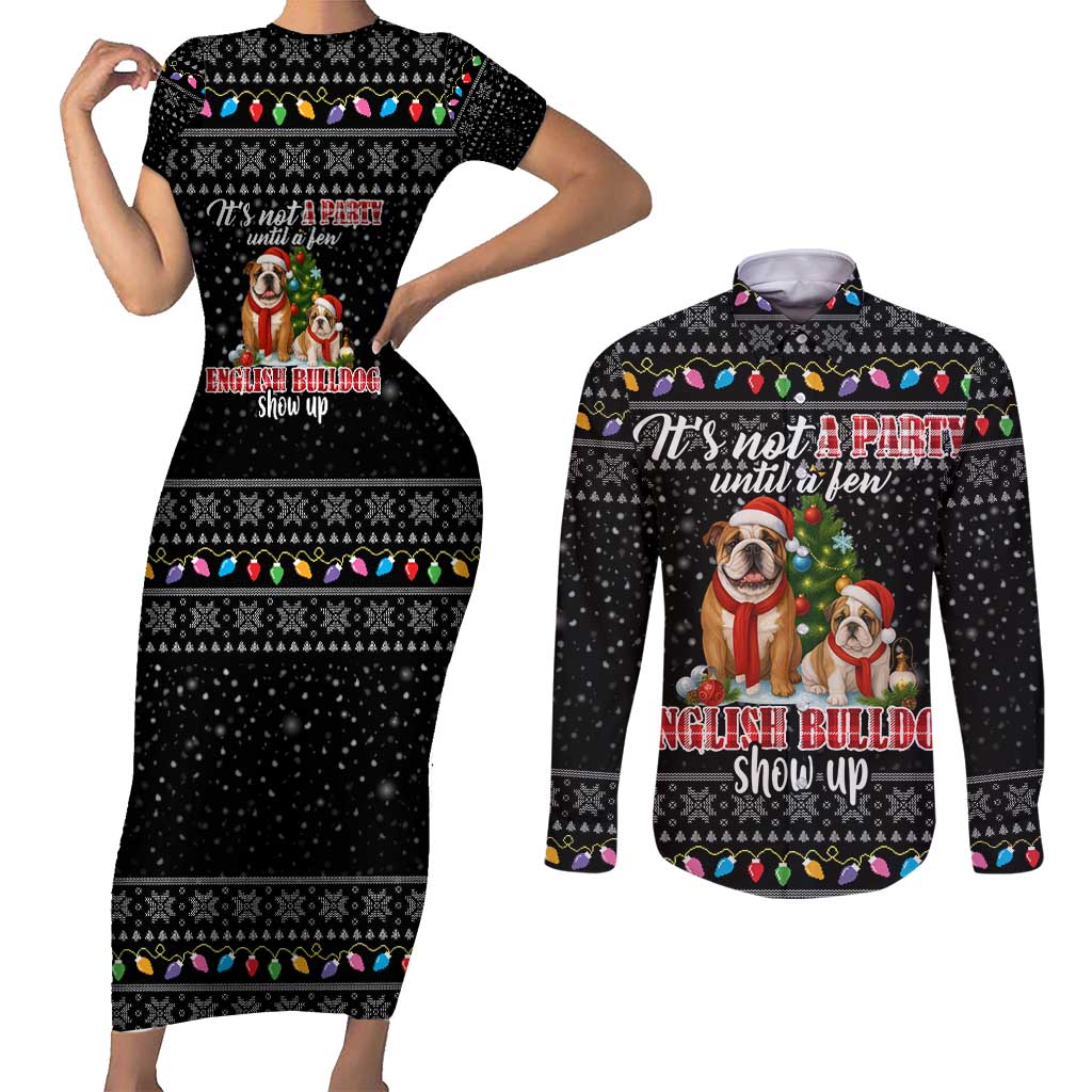 English Bulldog Show Up Christmas Couples Matching Short Sleeve Bodycon Dress and Long Sleeve Button Shirt Funny Xmas Holiday Patterns - Wonder Print Shop