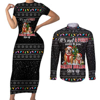 English Bulldog Show Up Christmas Couples Matching Short Sleeve Bodycon Dress and Long Sleeve Button Shirt Funny Xmas Holiday Patterns - Wonder Print Shop