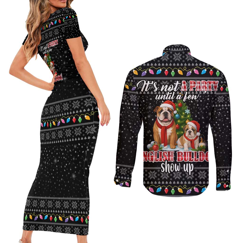 English Bulldog Show Up Christmas Couples Matching Short Sleeve Bodycon Dress and Long Sleeve Button Shirt Funny Xmas Holiday Patterns - Wonder Print Shop