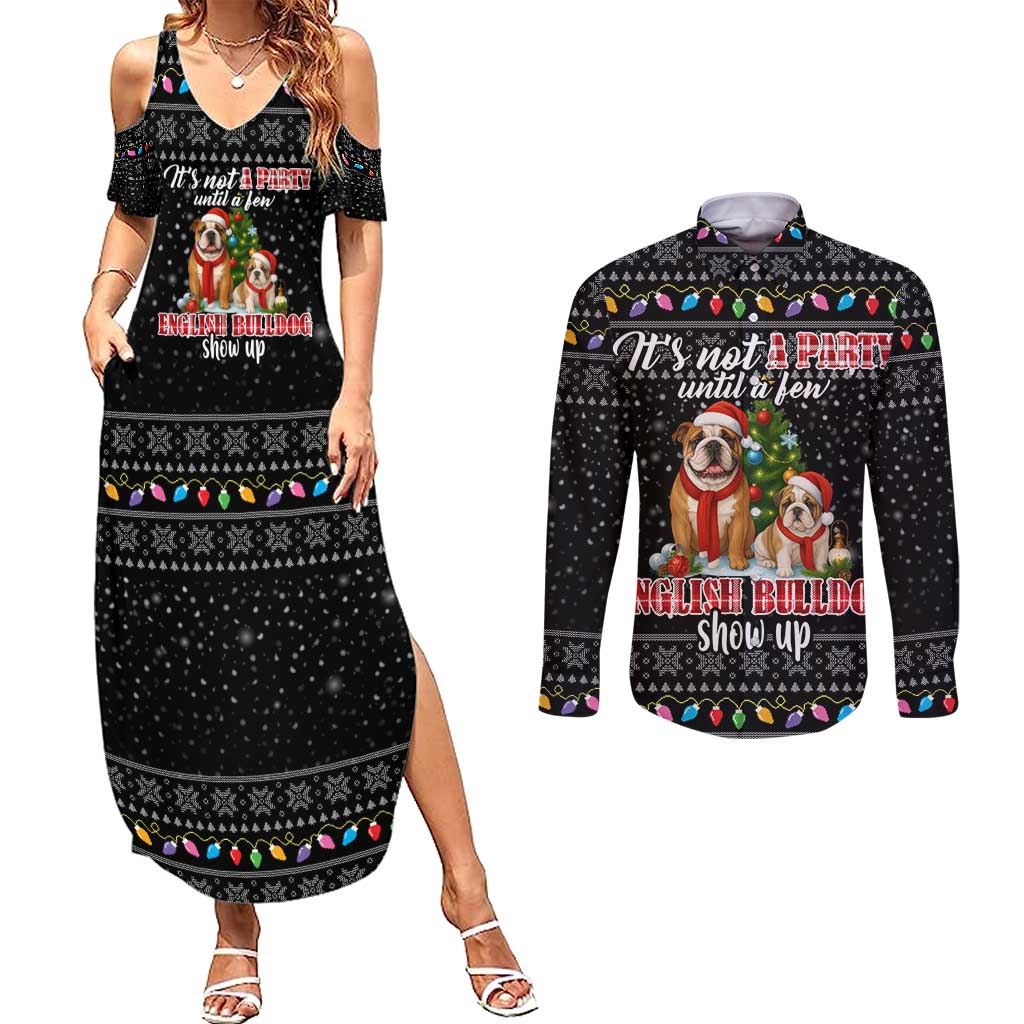 English Bulldog Show Up Christmas Couples Matching Summer Maxi Dress and Long Sleeve Button Shirt Funny Xmas Holiday Patterns - Wonder Print Shop