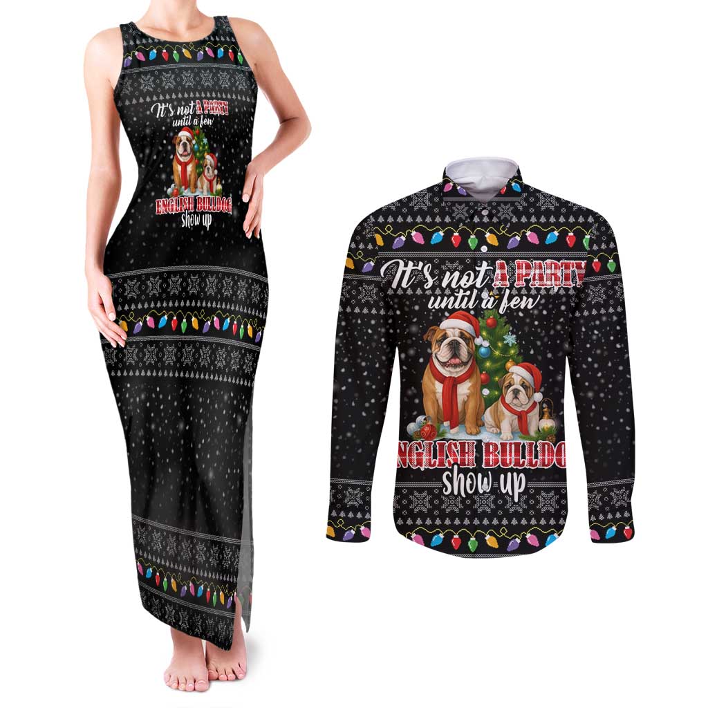 English Bulldog Show Up Christmas Couples Matching Tank Maxi Dress and Long Sleeve Button Shirt Funny Xmas Holiday Patterns - Wonder Print Shop