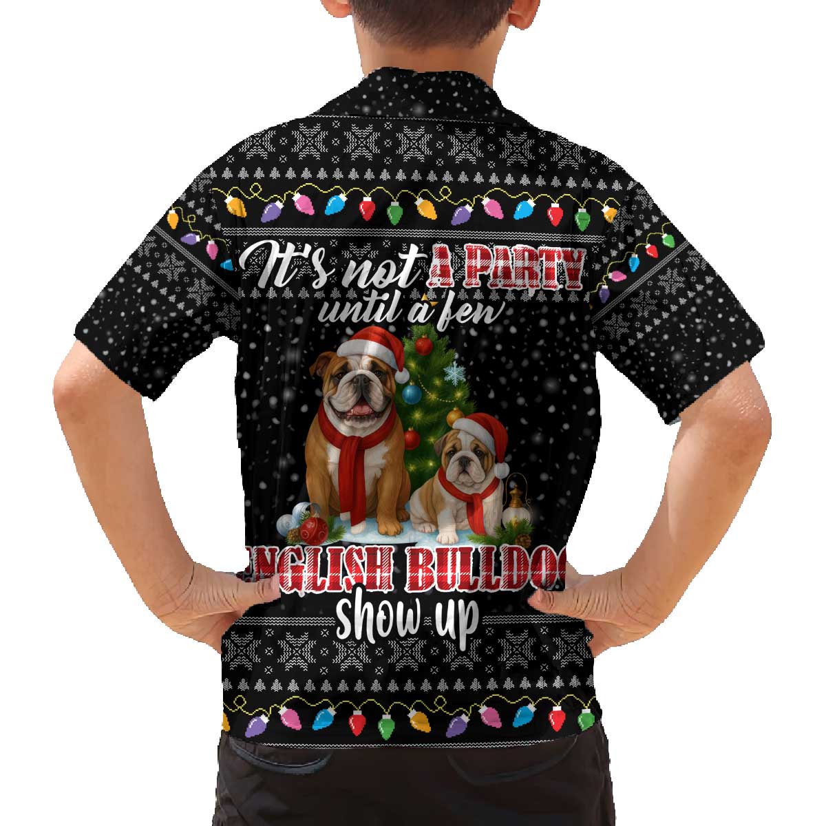 English Bulldog Show Up Christmas Family Matching Off The Shoulder Long Sleeve Dress and Hawaiian Shirt Funny Xmas Holiday Patterns - Wonder Print Shop