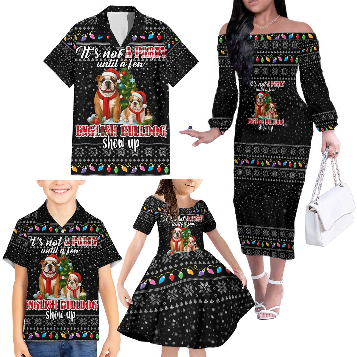 English Bulldog Show Up Christmas Family Matching Off The Shoulder Long Sleeve Dress and Hawaiian Shirt Funny Xmas Holiday Patterns - Wonder Print Shop