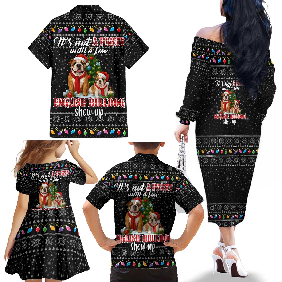 English Bulldog Show Up Christmas Family Matching Off The Shoulder Long Sleeve Dress and Hawaiian Shirt Funny Xmas Holiday Patterns - Wonder Print Shop