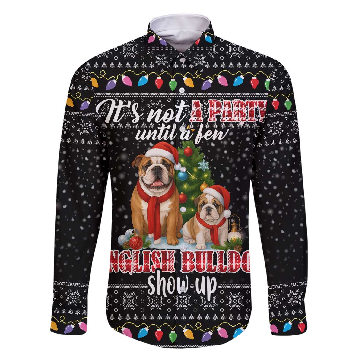 English Bulldog Show Up Christmas Family Matching Off The Shoulder Long Sleeve Dress and Hawaiian Shirt Funny Xmas Holiday Patterns - Wonder Print Shop