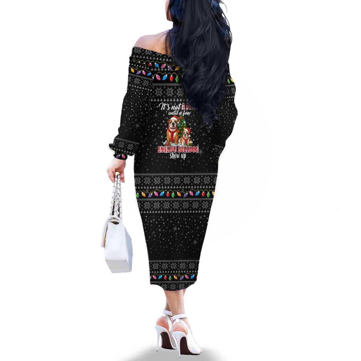 English Bulldog Show Up Christmas Family Matching Off The Shoulder Long Sleeve Dress and Hawaiian Shirt Funny Xmas Holiday Patterns - Wonder Print Shop