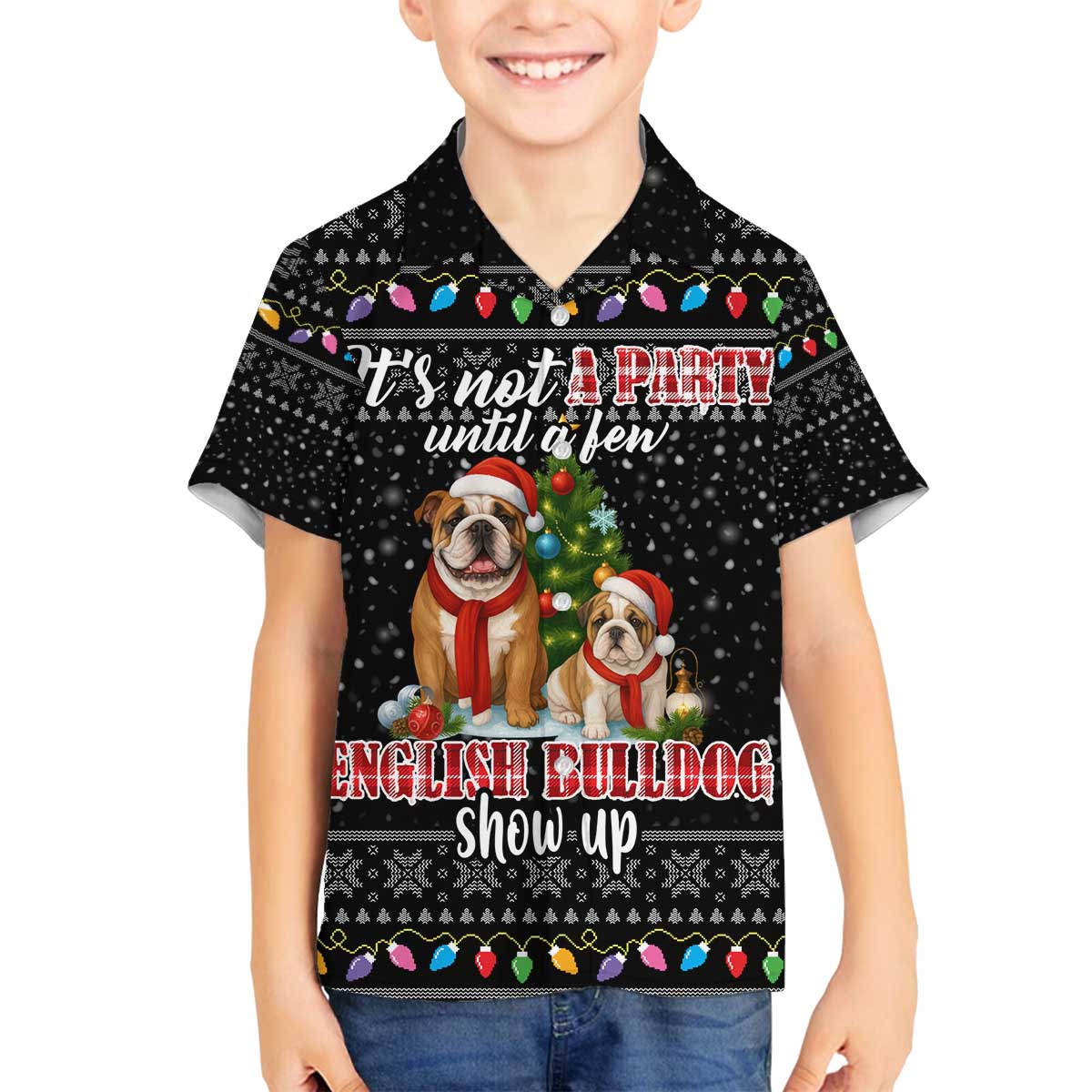 English Bulldog Show Up Christmas Family Matching Off The Shoulder Long Sleeve Dress and Hawaiian Shirt Funny Xmas Holiday Patterns - Wonder Print Shop