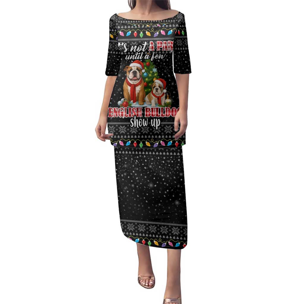 English Bulldog Show Up Christmas Family Matching Puletasi and Hawaiian Shirt Funny Xmas Holiday Patterns - Wonder Print Shop