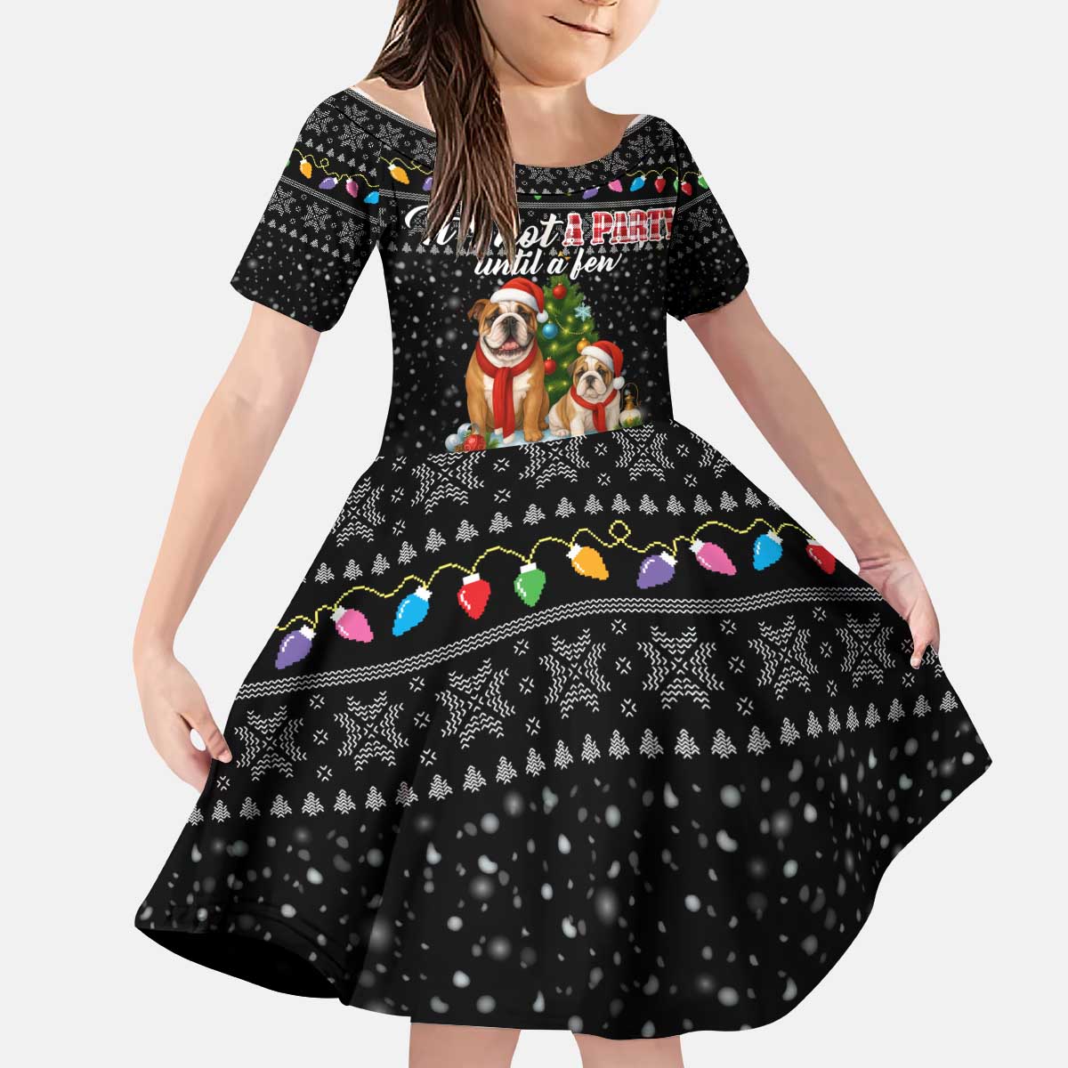 English Bulldog Show Up Christmas Kid Short Sleeve Dress Funny Xmas Holiday Patterns - Wonder Print Shop