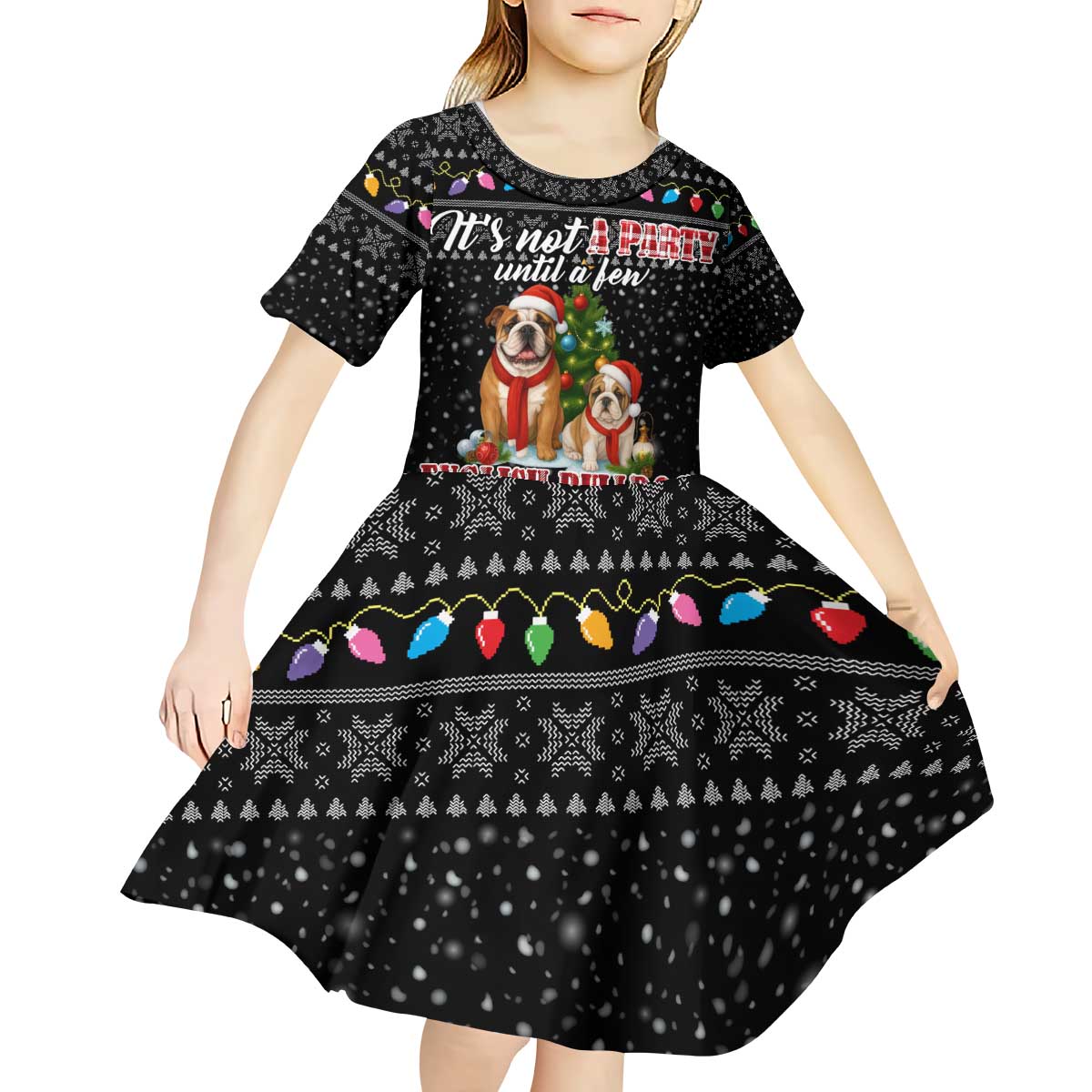 English Bulldog Show Up Christmas Kid Short Sleeve Dress Funny Xmas Holiday Patterns - Wonder Print Shop