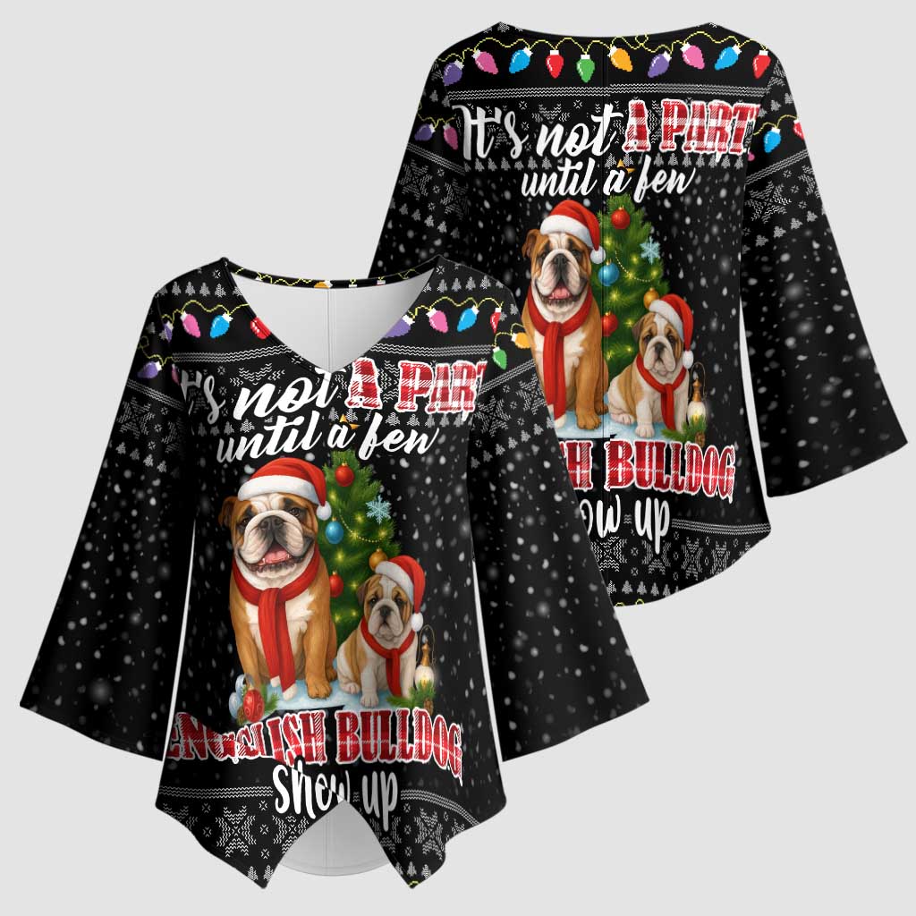 English Bulldog Show Up Christmas Kimono Sleeve Blouse Funny Xmas Holiday Patterns - Wonder Print Shop