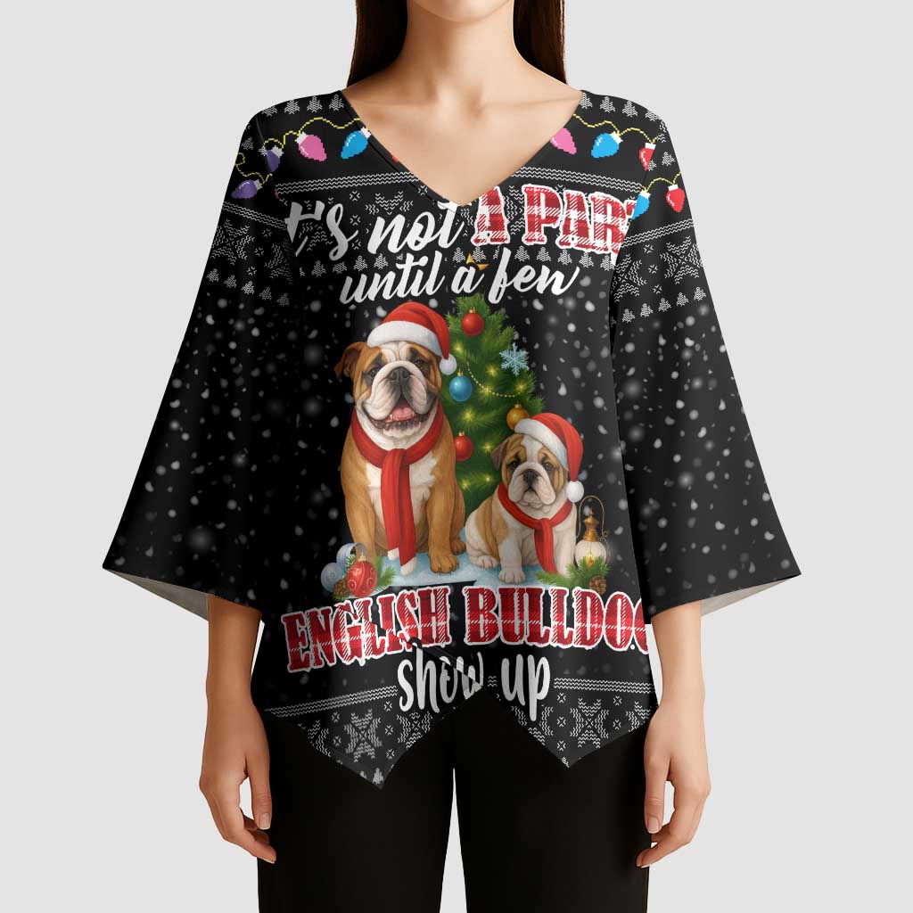 English Bulldog Show Up Christmas Kimono Sleeve Blouse Funny Xmas Holiday Patterns - Wonder Print Shop