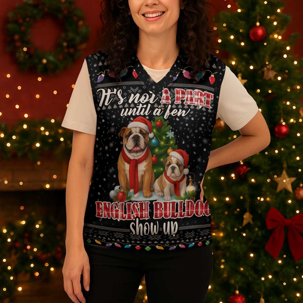 English Bulldog Show Up Christmas Knitted V-Neck Vest Funny Xmas Holiday Patterns - Wonder Print Shop