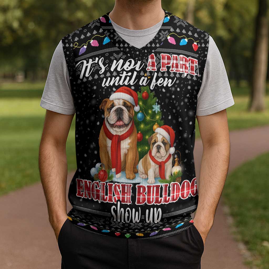 English Bulldog Show Up Christmas Knitted V-Neck Vest Funny Xmas Holiday Patterns - Wonder Print Shop