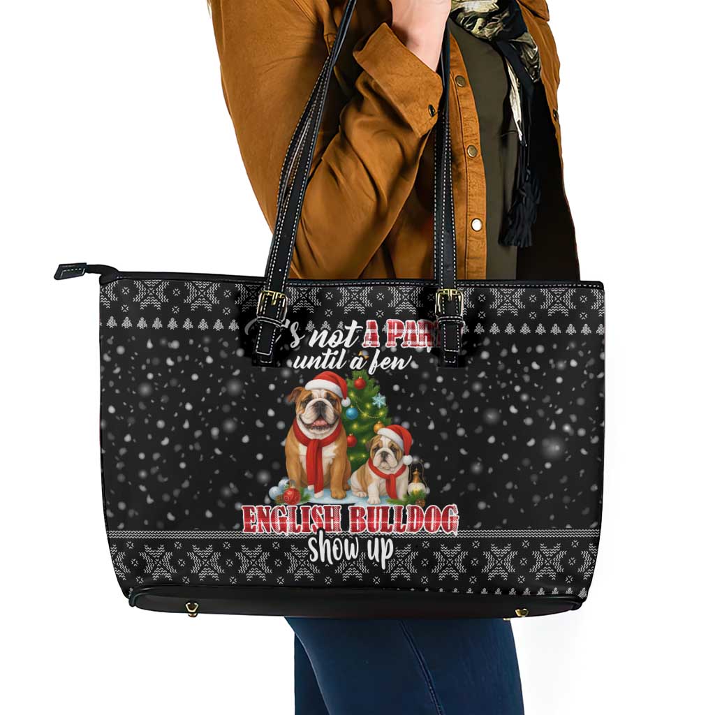 English Bulldog Show Up Christmas Leather Tote Bag Funny Xmas Holiday Patterns - Wonder Print Shop