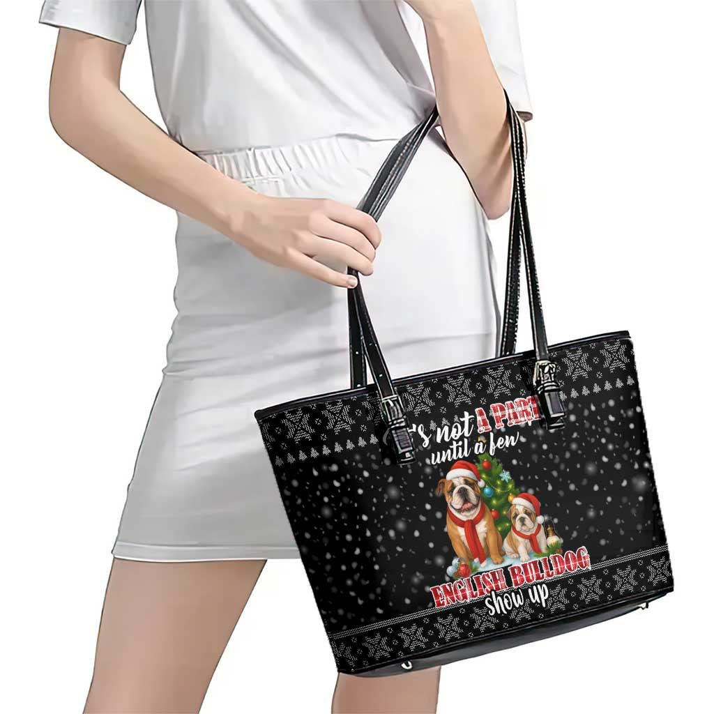 English Bulldog Show Up Christmas Leather Tote Bag Funny Xmas Holiday Patterns - Wonder Print Shop