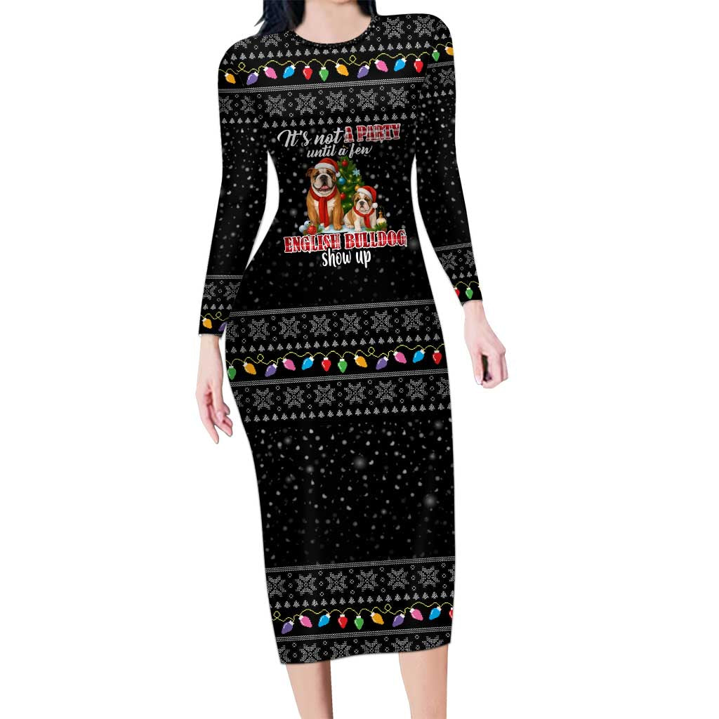 English Bulldog Show Up Christmas Long Sleeve Bodycon Dress Funny Xmas Holiday Patterns - Wonder Print Shop